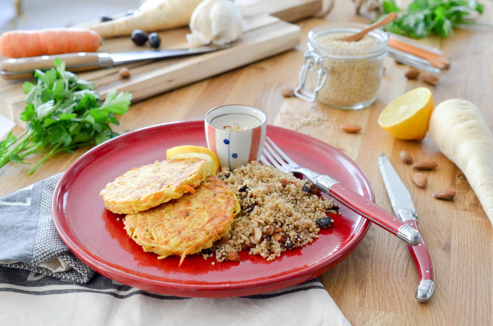 Röstis de légumes de saison et quinoa aux amandes Röstis de légumes de saison et quinoa aux amandes